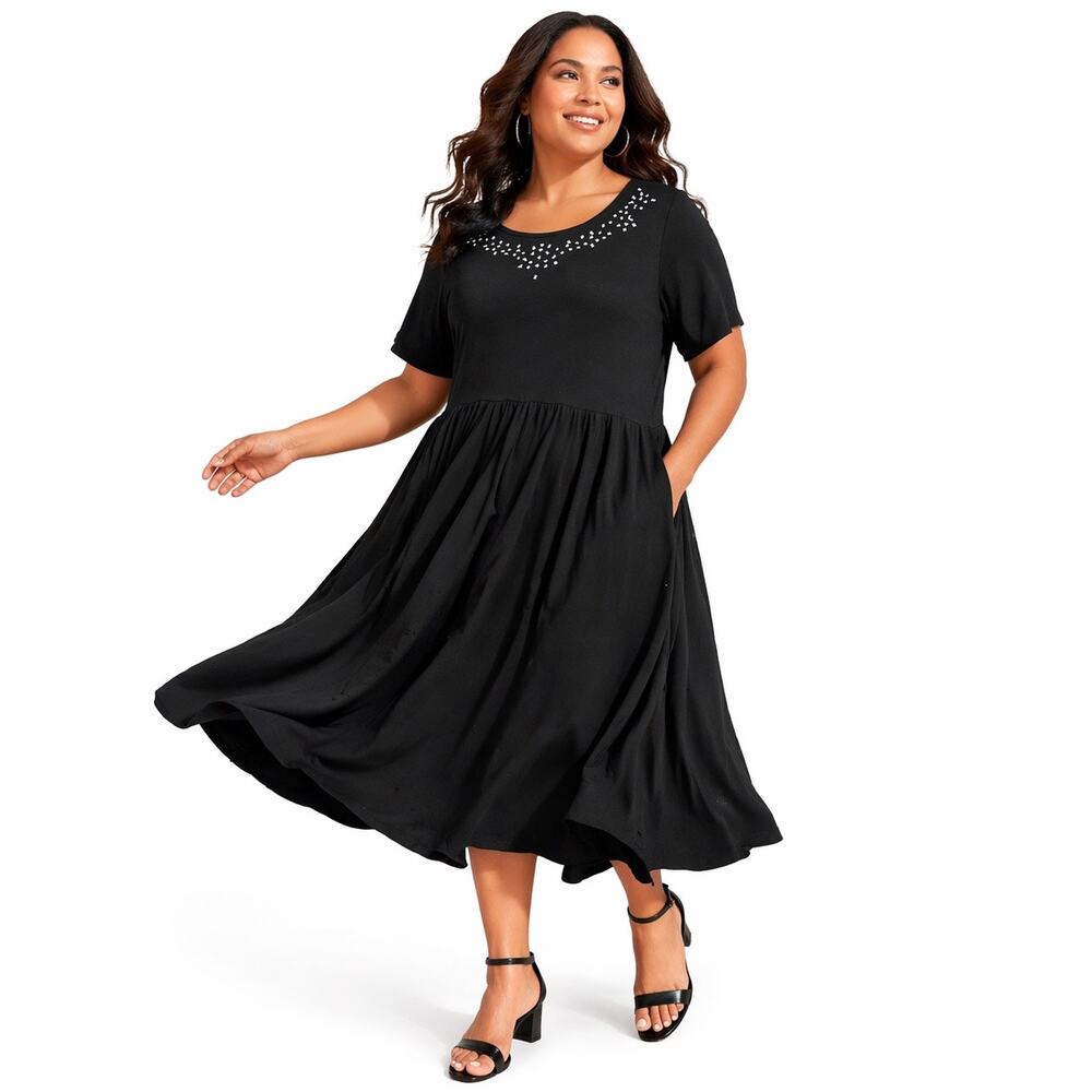 Torrid Embellished Neck Knit Midi Dress 2X Fit And Flare Rhinestones Pockets